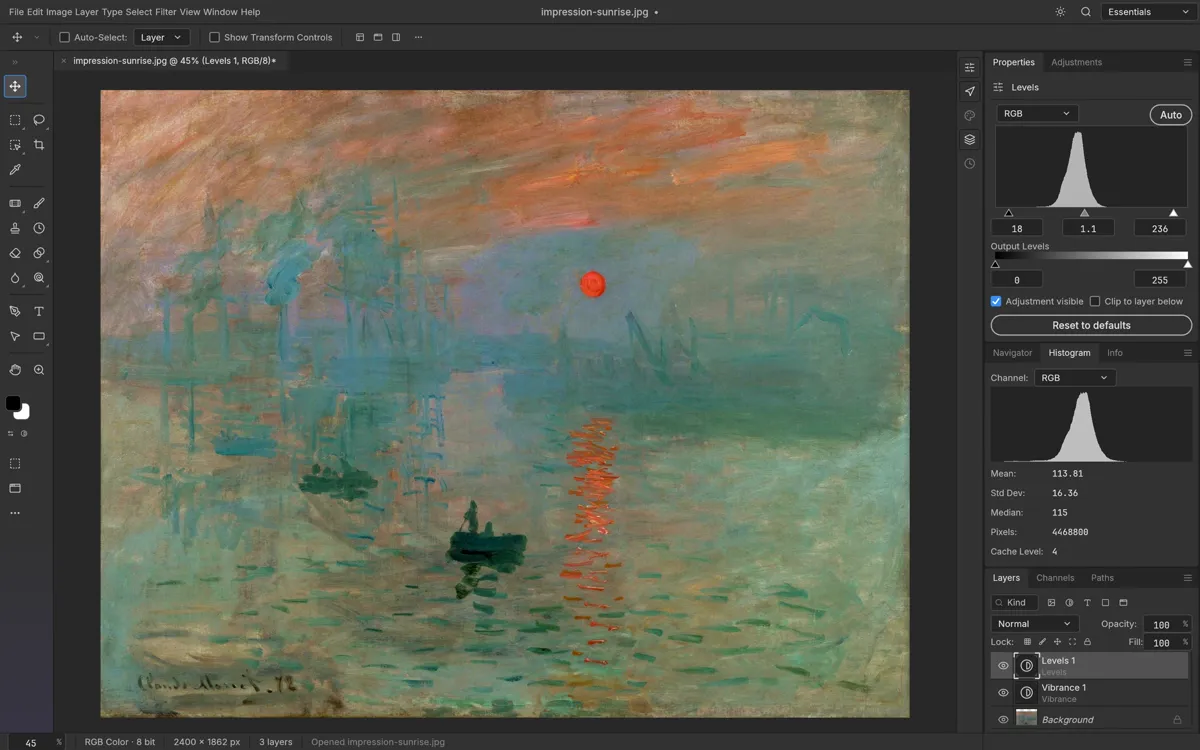 Levels and Vibrance adjustment layers applied to an impressionist painting in PhotoCraft (upstream example)