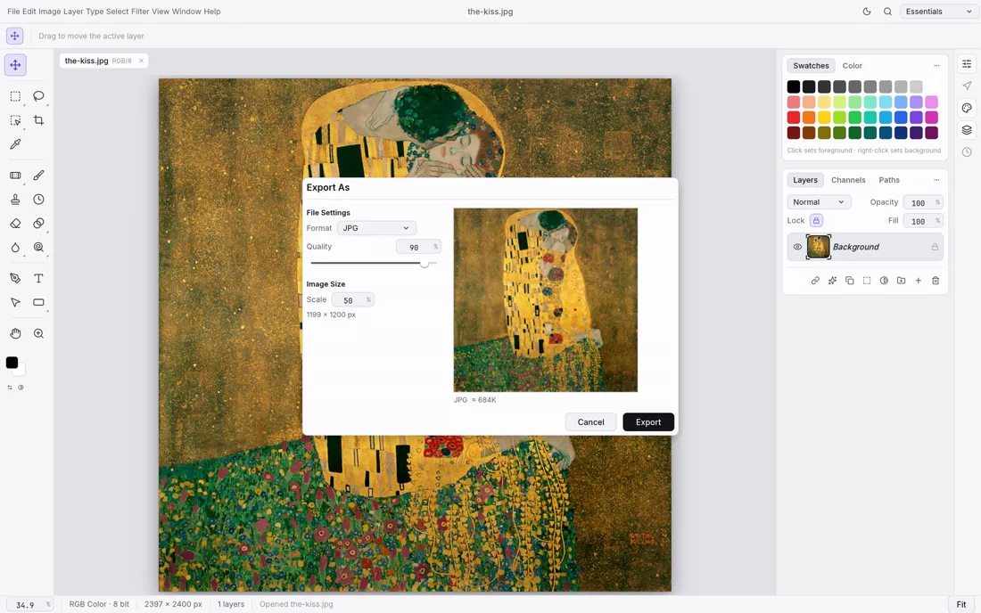 The Export As dialog in PhotoCraft previewing a scaled JPEG with an estimated file size (upstream example)
