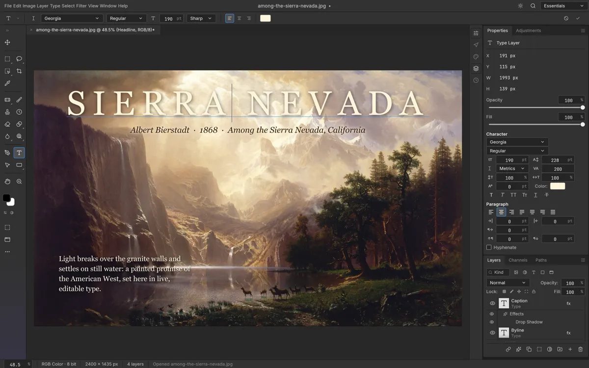 A headline being edited on the canvas with the character controls open in PhotoCraft (upstream example)