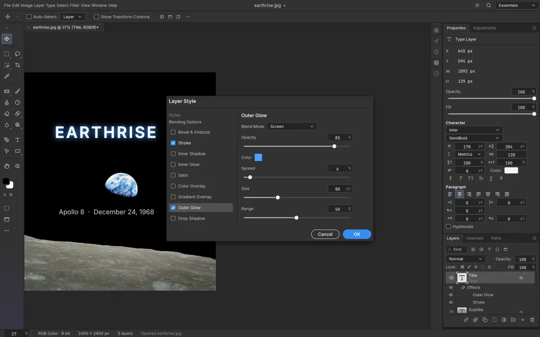 PhotoCraft layer style dialog editing an outer glow over a text layer (upstream example)